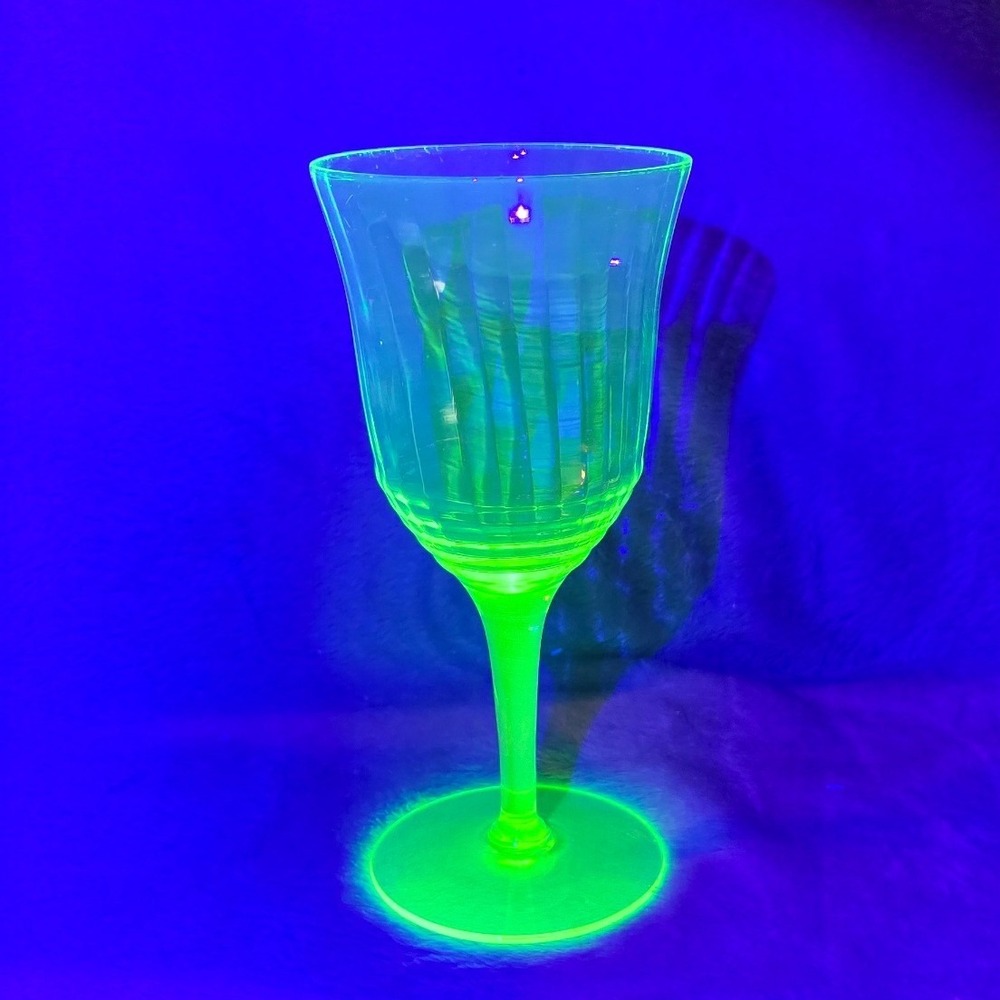 Vintage Green Uranium Glass Wine Goblet Optic Rib Depression Glass UV Glow